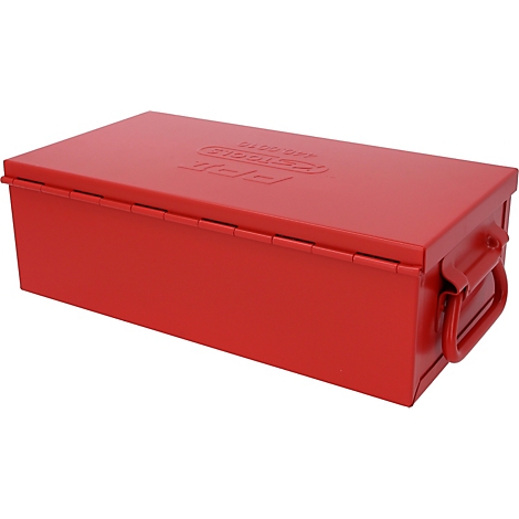 Rote Werkzeugbox aus Metall mit Klappdeckel, Griff und Prägung. Auf dem Deckel steht "Z-TOOLS".